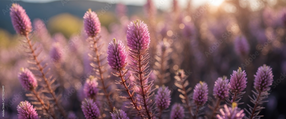 Poster close-up of blooming heather flowers in sunlight with a soft blurred background and space for text a