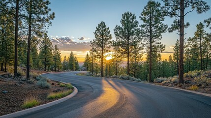 Fototapeta premium Serene Sunset Over Winding Road Through Pine Forest Landscape