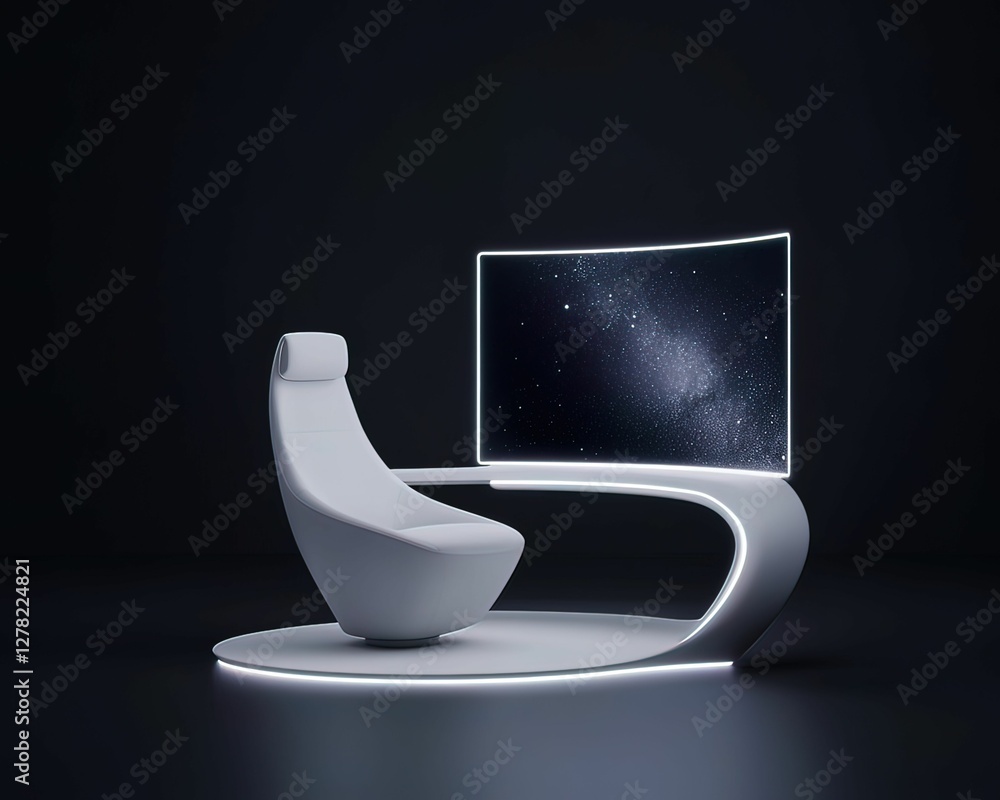 Poster futuristic remote workspace with ai assistant home office digital design modern environment minimali