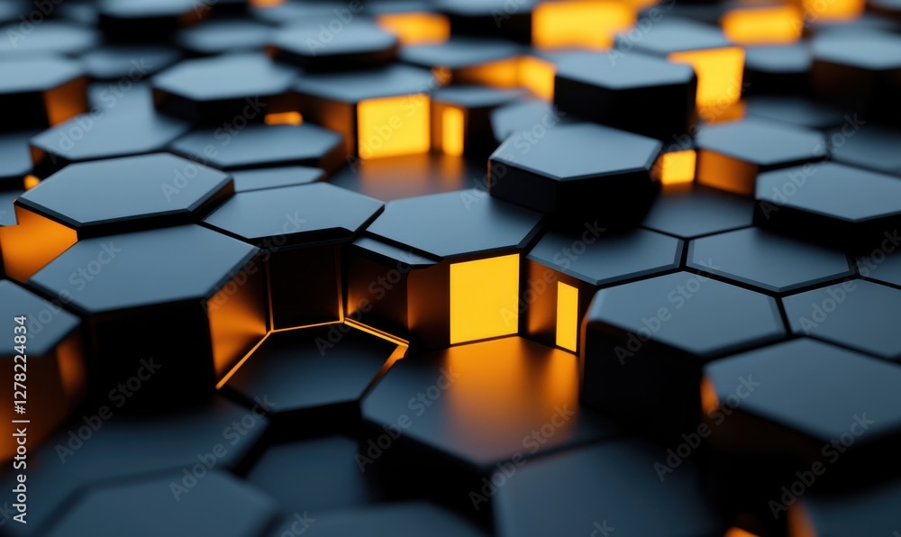 Poster abstract close-up of hexagonal shapes illuminated with warm orange light, creating a modern, futuris