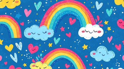 Rainbow Clouds and Hearts: A Whimsical Pattern