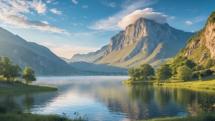 Fototapeta premium Serene Mountain Landscape Reflected in Idyllic Lake Under a Clear Blue Sky with Lush Green Surroundings on a Summer Day