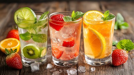 Refreshing Fruit Infused Drinks on Wooden Surface