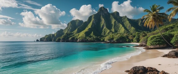 Fototapeta premium Tropical Coastal Landscape with Lush Green Mountains and Crystal Clear Waters in a Serene Beach Setting