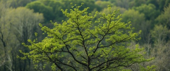 Lush Green Treetop with Budding Leaves in Nature Against Soft Focused Background and Generous Empty Space for Text Overlays