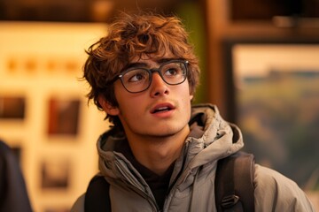 Young man with curly hair and glasses looks up in curiosity at an exhibit indoors during daytime