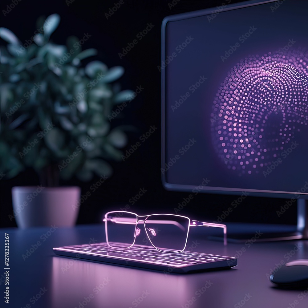 Poster futuristic workspace setup featuring projection keyboard technology modern office digital virtual en