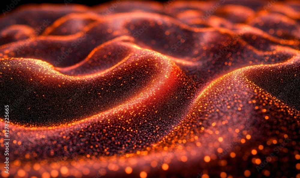 Poster abstract close-up of shimmering orange and black textured waves with a glowing effect, creating a me