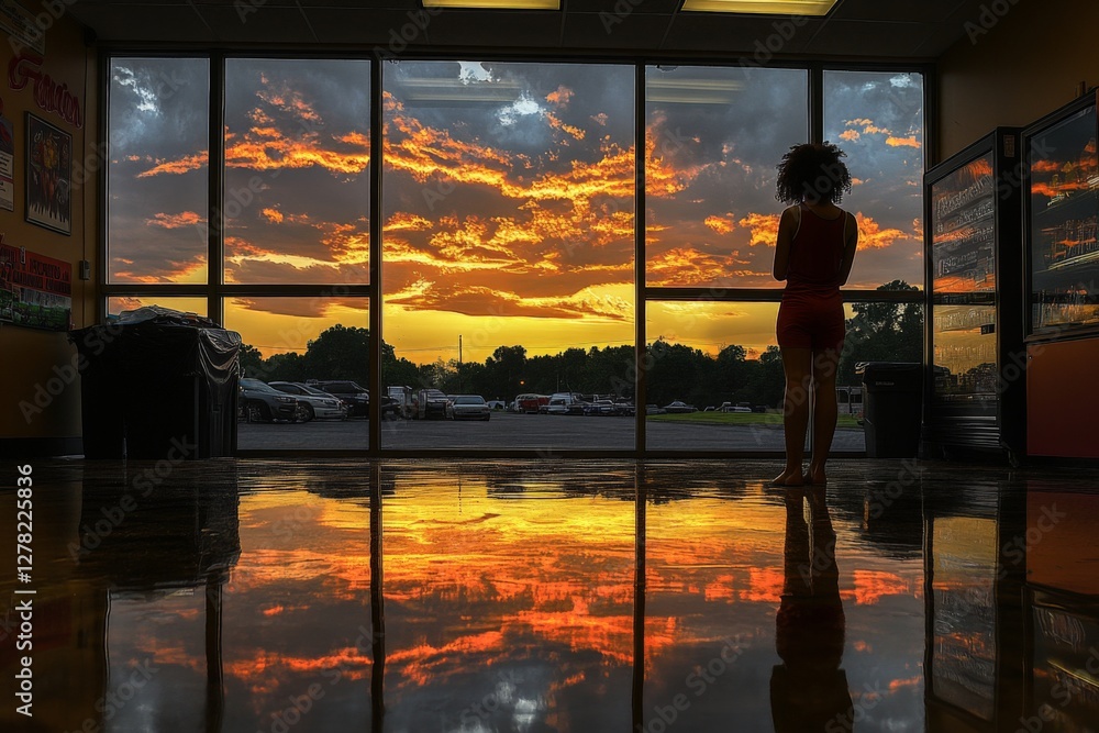 Aufkleber young person enjoys a stunning sunset reflection from inside a building during evening hours in a su
