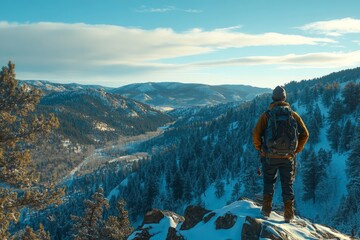 Hiker gazing at the snowy mountains and valley during a clear winter day in a remote area