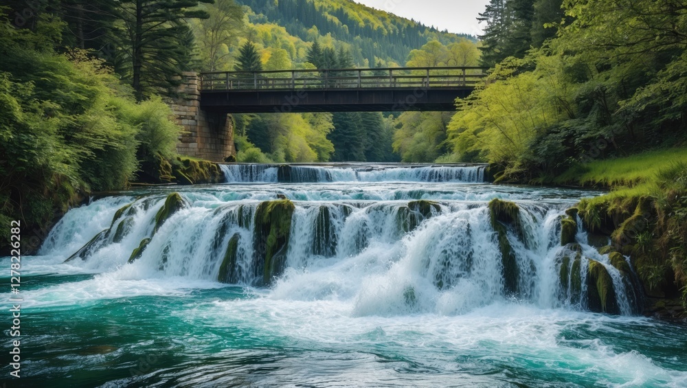 Poster cascading river flowing under bridge surrounded by lush green forest creating tranquil scenic nature