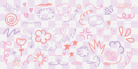 Playful doodles in pink and purple on a checkered background. Includes swirls, and flowers. Doodles create a whimsical, artistic vibe. Fun and creative doodles. Colorful doodle elements, vector set.