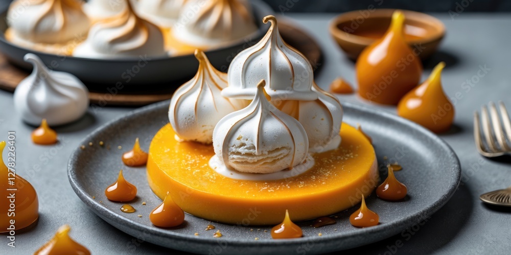 Aufkleber mango meringue dessert with ice cream on grey plate decorated with caramel drops and empty space for