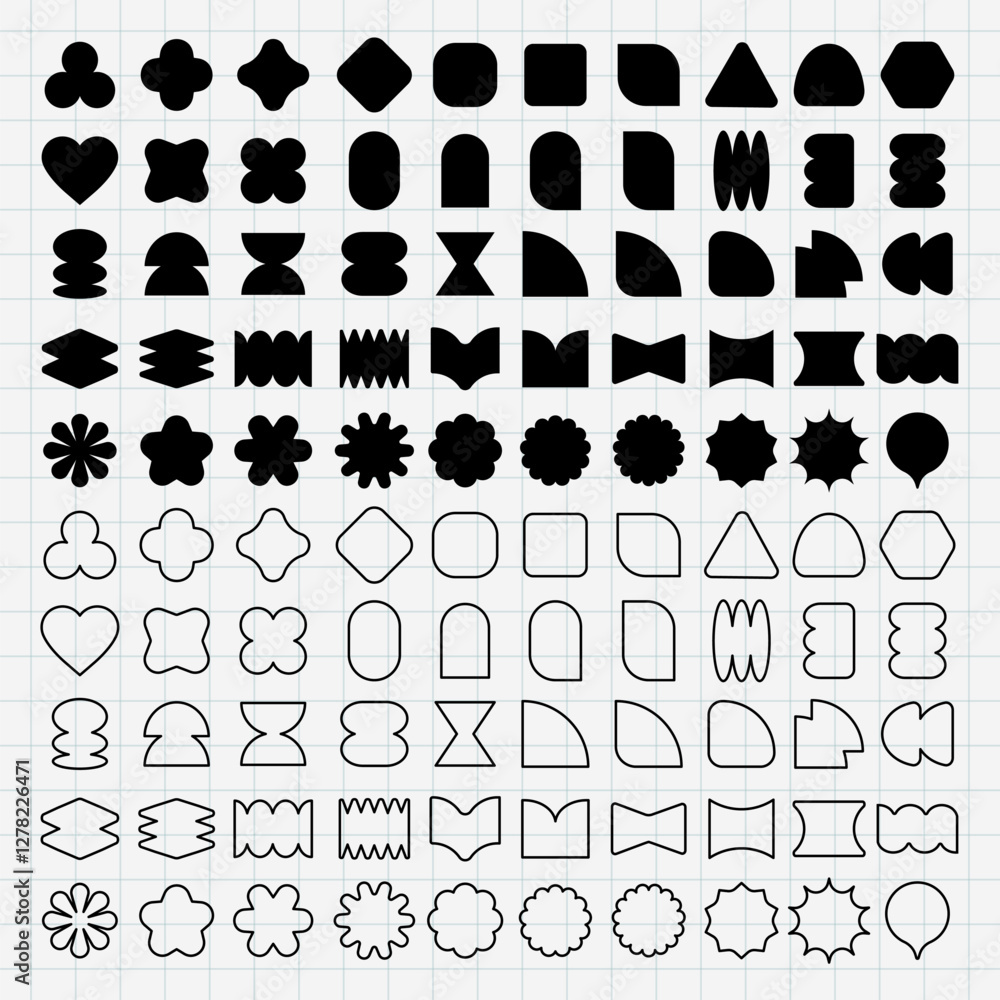 Poster grid of abstract shapes in black and white. various geometric forms repeat in patterns. shapes inclu