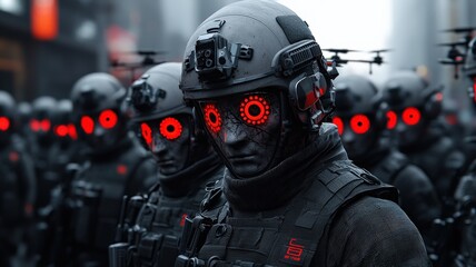 Fototapeta premium A heavily militarized police force patrolling a dystopian city, drones scanning the terrified population