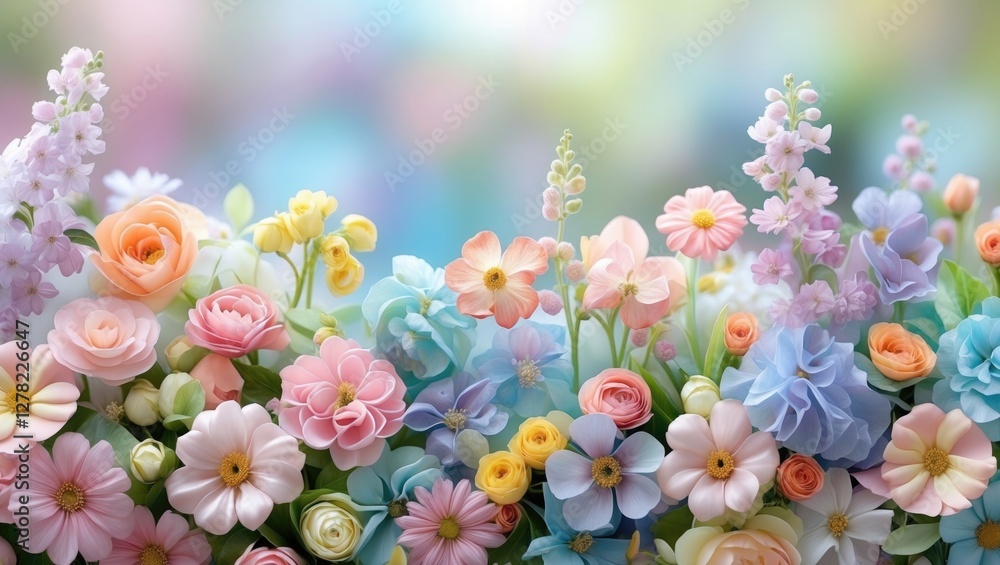 Poster pastel floral border with soft blurred background ideal for spring themes and elegant design project