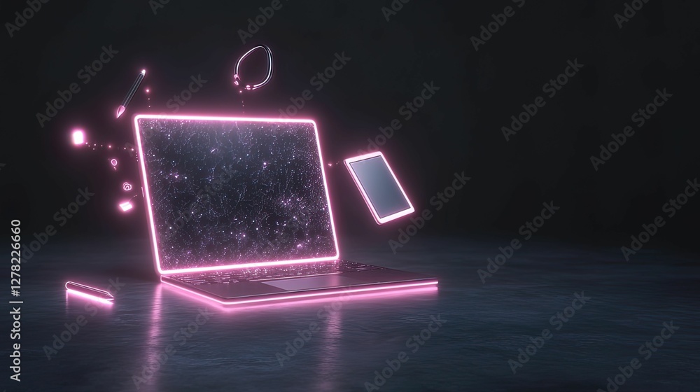 Poster futuristic laptop display with glowing edges digital space 3d render modern technology high-tech env
