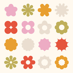 Colorful floral pattern with various flower shapes. Bright flowers in red, pink, orange, and green. Decorative flower design with diverse floral motifs. Pastel elements, vector set.