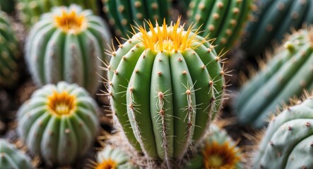 Vibrant Close-Up of Cactus with Bright Yellow Flowers and Thorny Green Skin in a Desert Environment