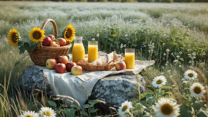 Fototapeta premium Charming picnic setup with apples, juice, and sunflowers on a rock in a grassy field adorned with wildflowers and empty space for text.