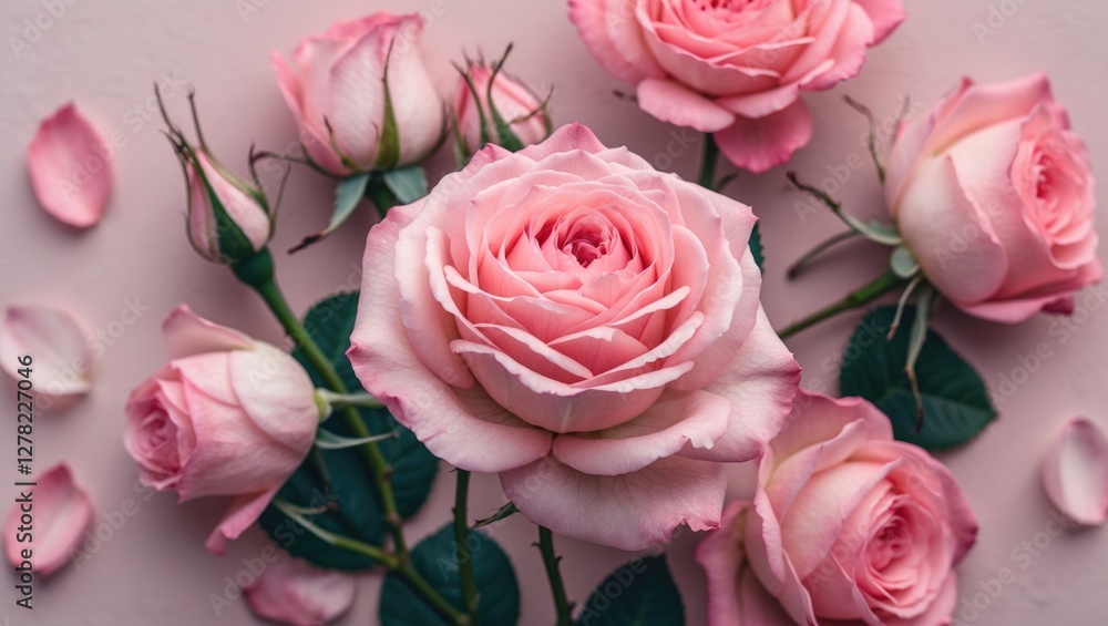 Poster delicate pink roses arrangement on soft background with petals and greenery featuring copy space for