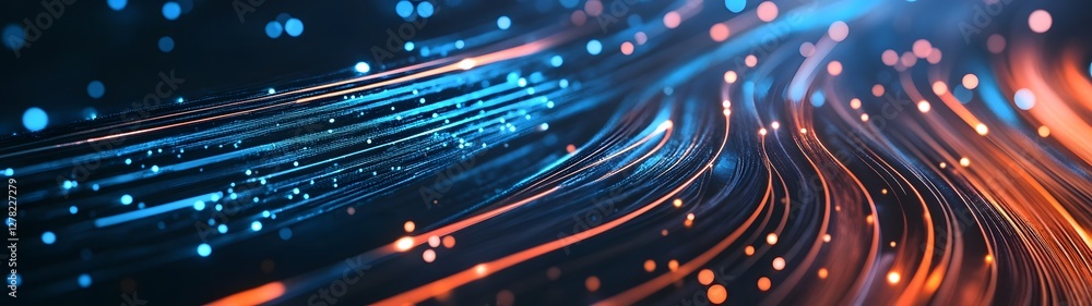 Aufkleber luminous fiber optic streaks in blue orange and white colors depicting a dynamic digital communicati