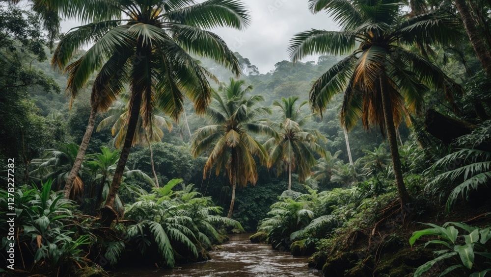 Poster lush rainforest landscape with palm trees and serene river nature background for text overlay and de
