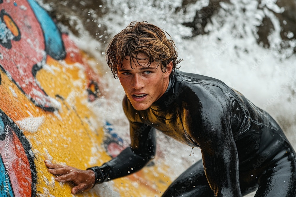 Poster surfer skillfully riding a wave at a coastal location with vibrant graffiti during a sunny day