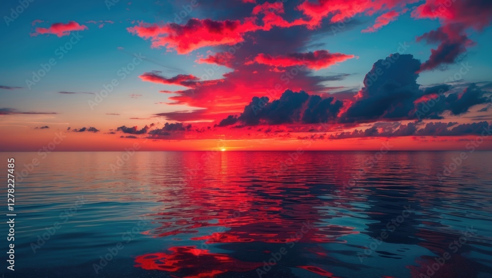 Poster vibrant red sunset over calm sea with reflections and colorful clouds perfect for text overlay and b