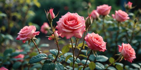Fototapeta premium Vibrant Pink Roses in Bloom Surrounded by Lush Greenery with Space for Text Overlay in a Beautiful Garden Setting