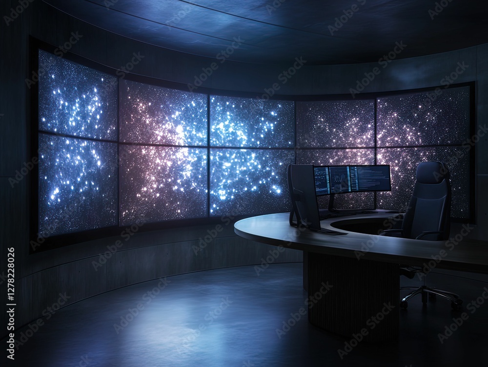 Poster multiscreen innovation hub remote collaboration digital workspace high-tech environment futuristic v
