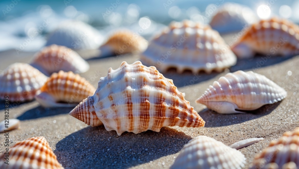 Poster close-up view of assorted beautiful seashells on a sandy beach with gentle waves in the background