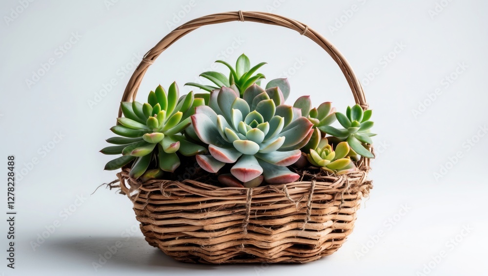 Poster vibrant succulents in a rustic woven basket with generous empty space for text on a bright white bac