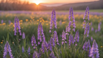 Fototapeta premium Vibrant Spring Meadow Filled With Purple Wildflowers Against a Serene Sunrise Over Rolling Hills In Nature's Tranquil Landscape