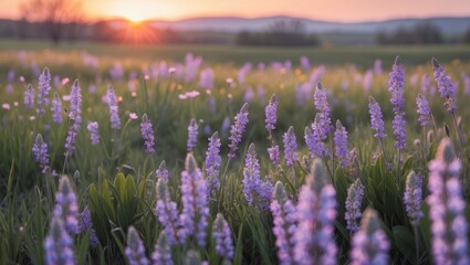 Serene Sunrise Over Purple Wildflowers Blooming In A Lush Meadow Capturing The Essence Of Springtime In Nature's Splendor