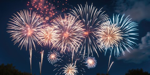 Colorful Summer Fireworks Display with Night Sky Background and Space for Text Overlays