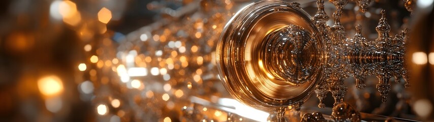 Magnificent Crystal Chandelier Hanging from the Ceiling of an Opulent Luxury Interior Emitting a Warm Amber Glow and Casting Sparkling Reflections Through the Intricate Ornate Decorative Design