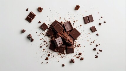 &nbsp;Levitating dark chocolate chunks isolated on white background. Broken chocolate bar pieces and cocoa crumbs explotion. Chocolate flakes and  chips Top view. Flat lay.
