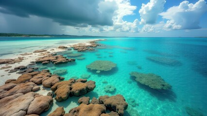 Tropical beach with clear turquoise water, visible coral reef, and palm trees under blue sky	