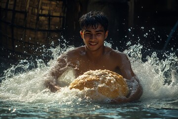 Fototapeta premium Young boy joyfully splashes in water while holding a large sponge during a sunny afternoon in a rural setting