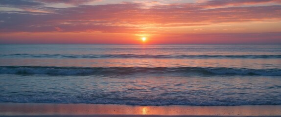 Naklejka premium Serene Sunset Over Calm Ocean Waves with Tranquil Sky and Space for Text in Warm Hues of Pink and Orange