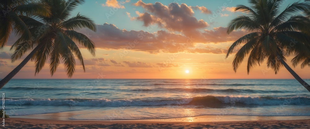 Aufkleber serene beach sunset with palm silhouettes and gentle waves creating an ideal space for text and adve