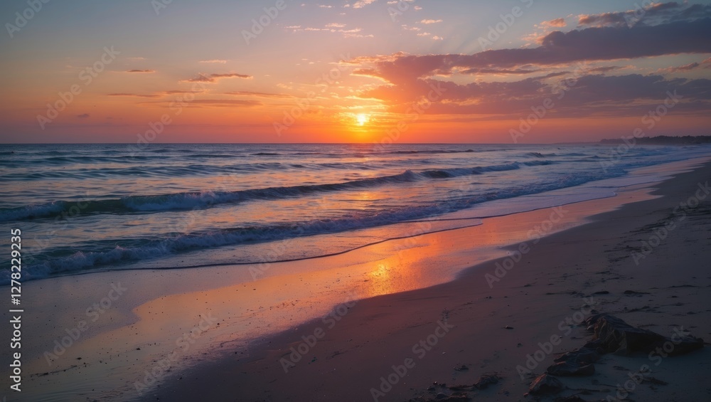 Poster serene beach sunset with reflection and copy space for text in warm tones over tranquil ocean waves 