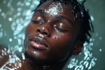 Young man relaxed in water with glistening skin, enjoying calm moments of serenity