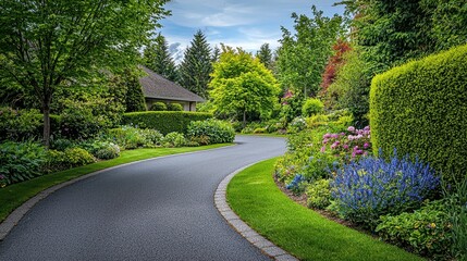 Fototapeta premium Serene Garden Pathway Surrounded by Lush Greenery and Flowers