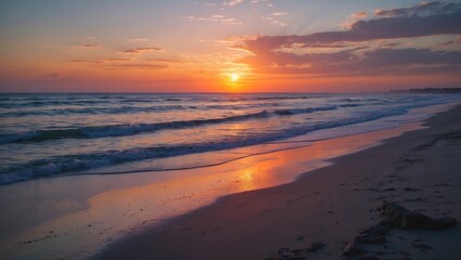 Serene Beach Sunset with Reflection and Copy Space for Text in Warm Tones over Tranquil Ocean Waves at Dusk