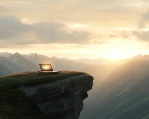 Stunning remote work setup on mountain cliff at sunrise digital workspace nature scenic view freedom concept