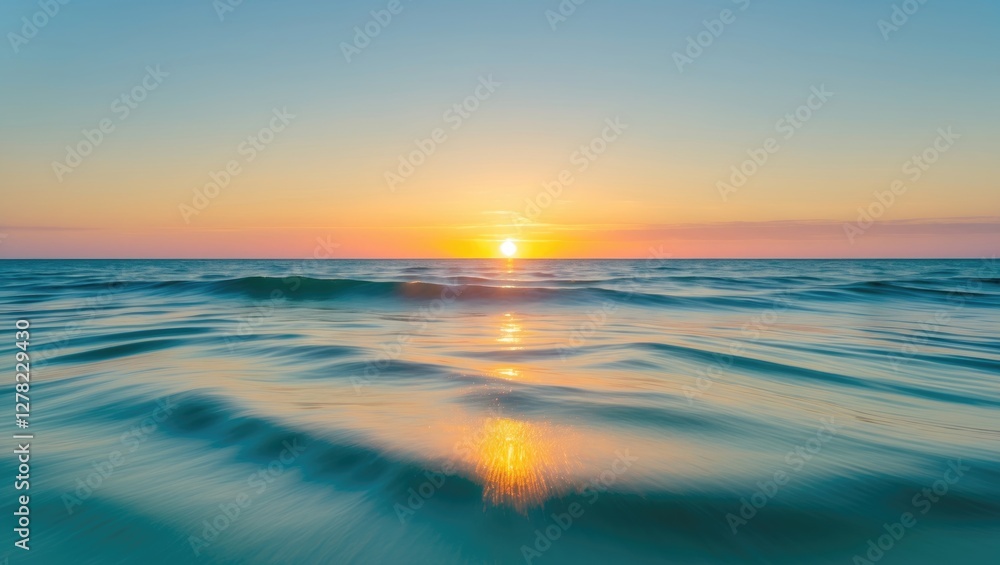 Poster tranquil sunset over ocean waves with motion blur and clear space for text or graphics background de