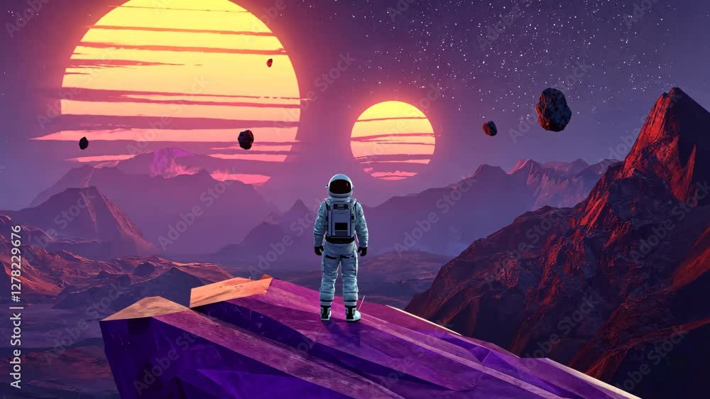 Poster Exploring a surreal alien landscape with dual suns and distant planets in a cosmic setting