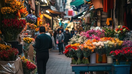 Naklejka premium Vibrant Flower Market Alleyway: A Colorful Asian Street Scene